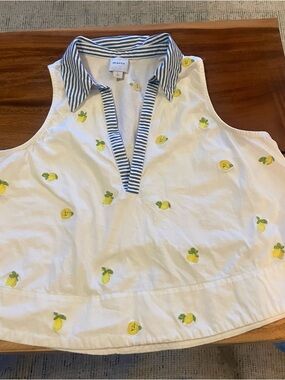 Maeve White Tank Top with Yellow Lemon Embroidery and Blue Striped Collar